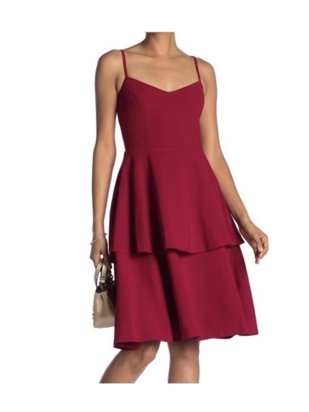 Dress The Population XL Yasmin Dress Garnet Red Tiered Peplum Midi Stretch Knit